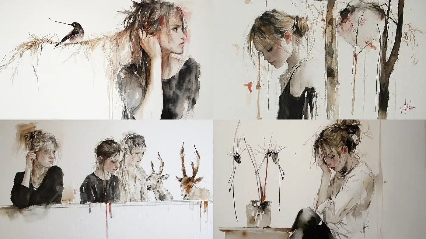 Ethereal Watercolor Serenity with Subdued Earth Tones - Midjourney sref style