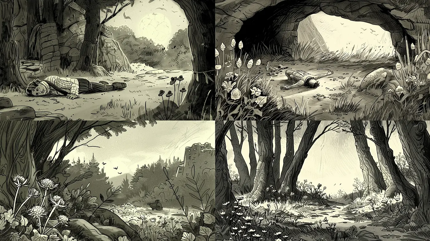 Monochromatic Enchantment: A Homage to Classic Ink Drawings and Storybook Illustrations - Midjourney sref style
