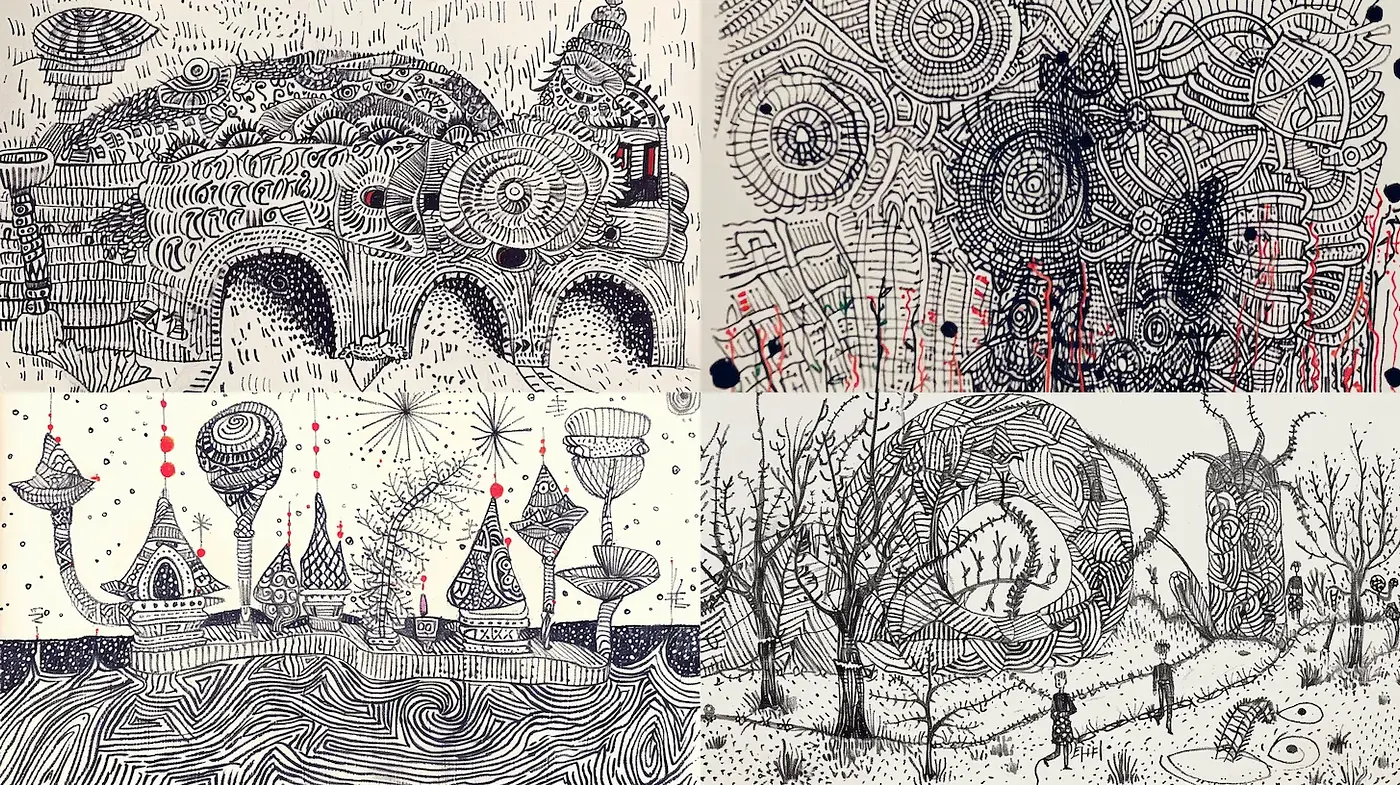 Intricate and Whimsical Doodle Art Combining Surreal Landscapes and Organic Forms - Midjourney sref style