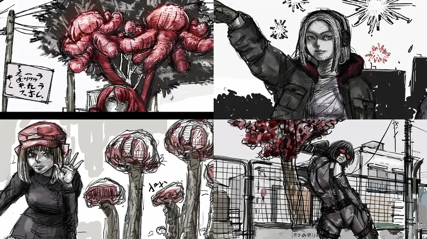 Sketch-like Cyberpunk Fusion with Dynamic Energy - Midjourney sref style