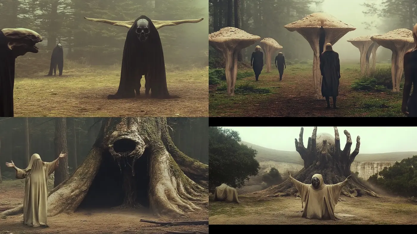 Mystical Forest Enigma: An Exploration in Sepia Tones and Surreal Silhouettes - Midjourney sref style