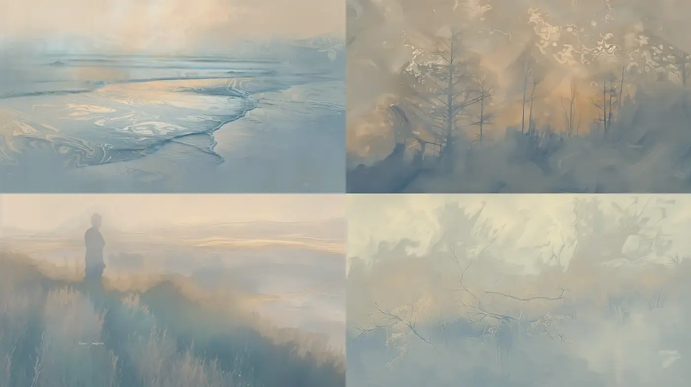 Dreamy and ethereal landscapes with a shared atmospheric quality - Midjourney sref style