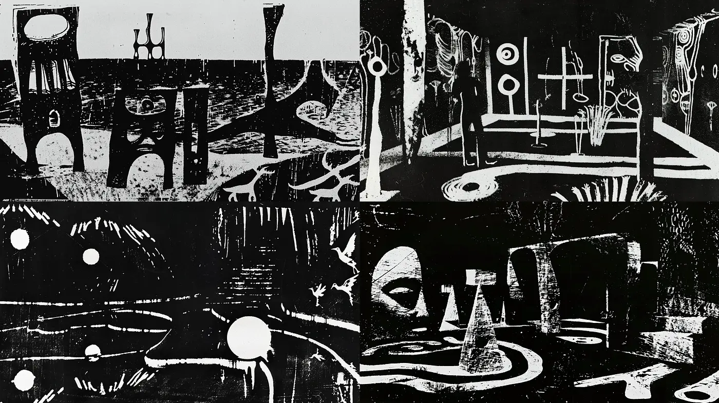 Monochrome Dreamscape: Homage to Surrealism and Woodcut Printmaking - Midjourney sref style