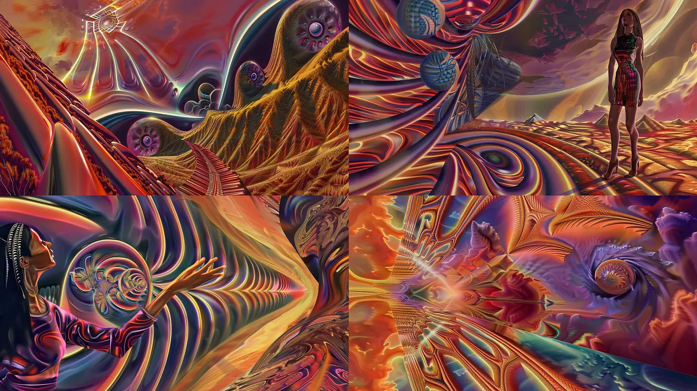 Surrealistic Dreamscape Fusion with Vivid Chromatic Currents - Midjourney sref style