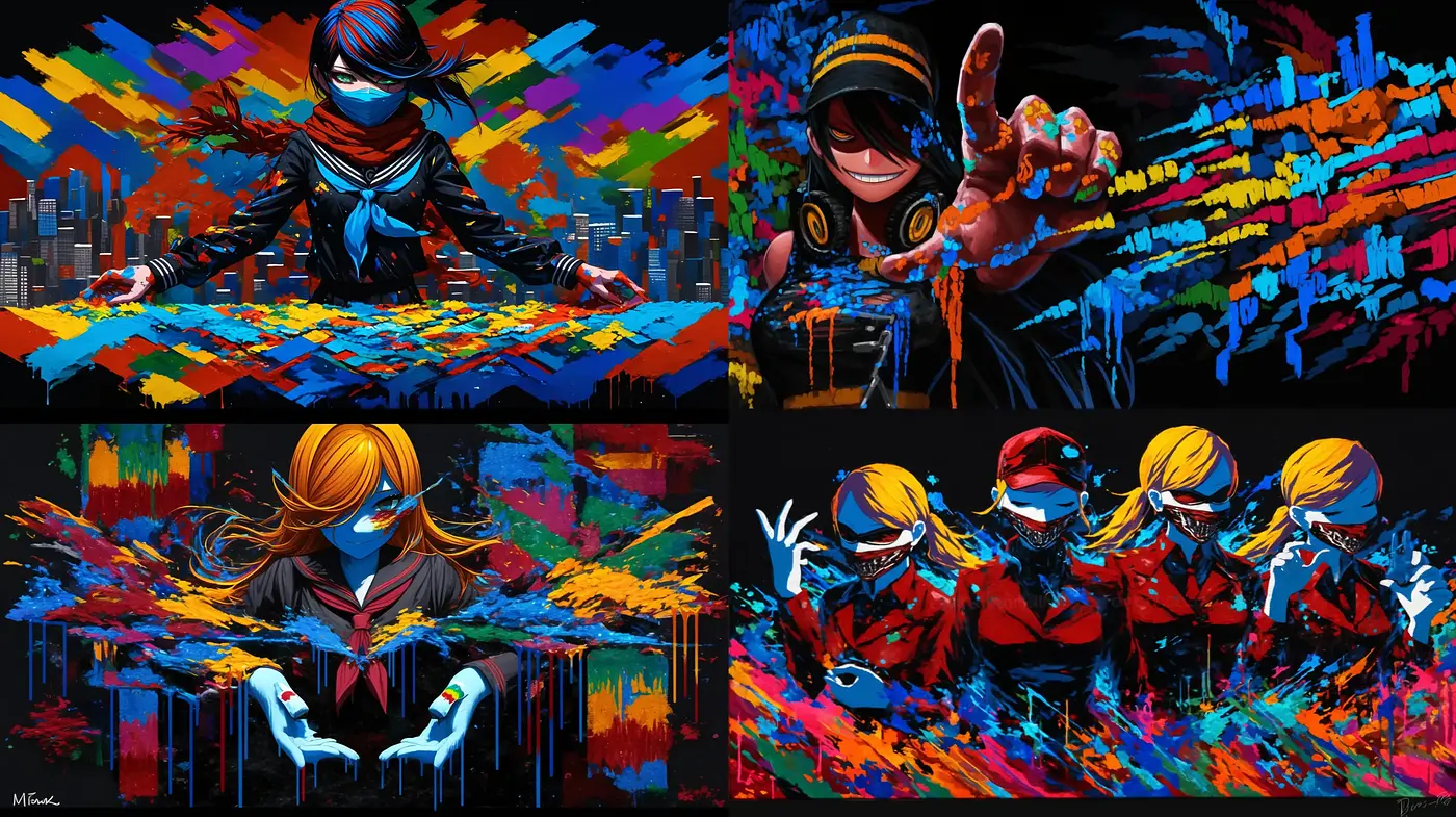 Dynamic Graffiti Splashes on Nocturnal Urban Backdrop - Midjourney sref style