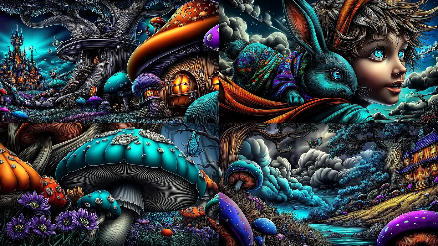 Surreal and Enchanting Forest with Vibrant Elements - Midjourney sref style