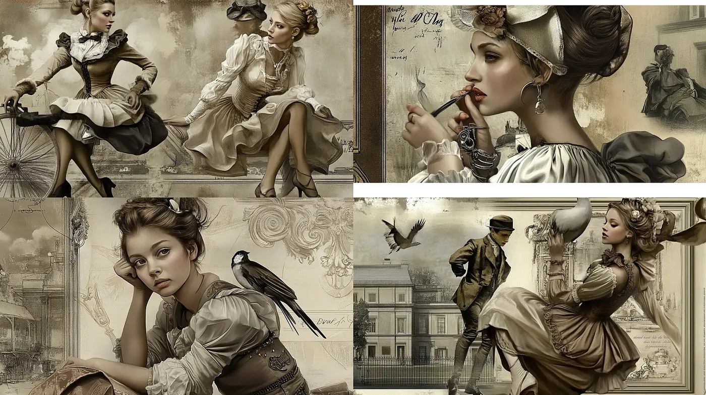 Elegant Sepia-Toned Neo-Victorian Illustrations - Midjourney sref style