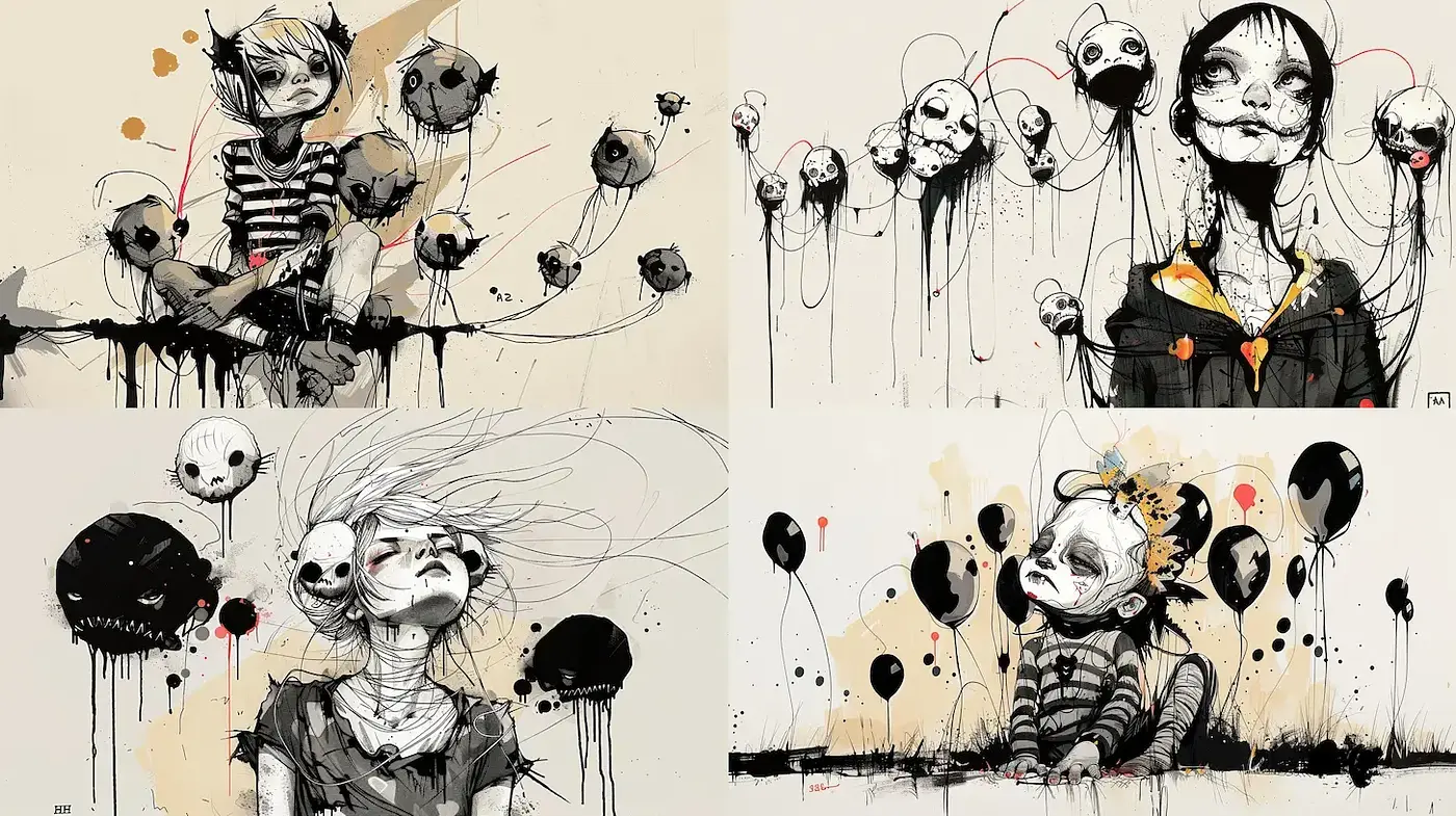 Whimsical yet haunting illustrations blending surreal and dark elements - Midjourney sref style
