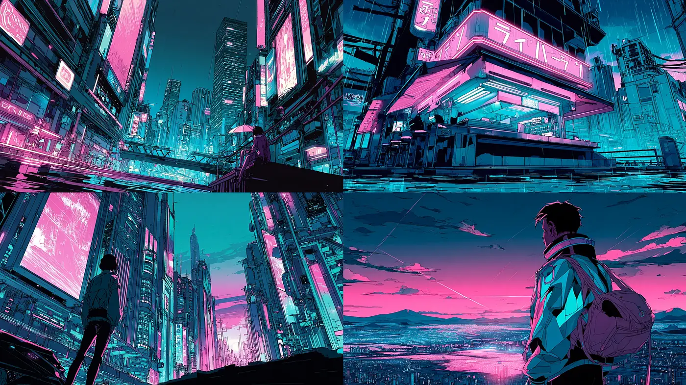 Futuristic neon cityscapes with a cyberpunk aesthetic - Midjourney sref style