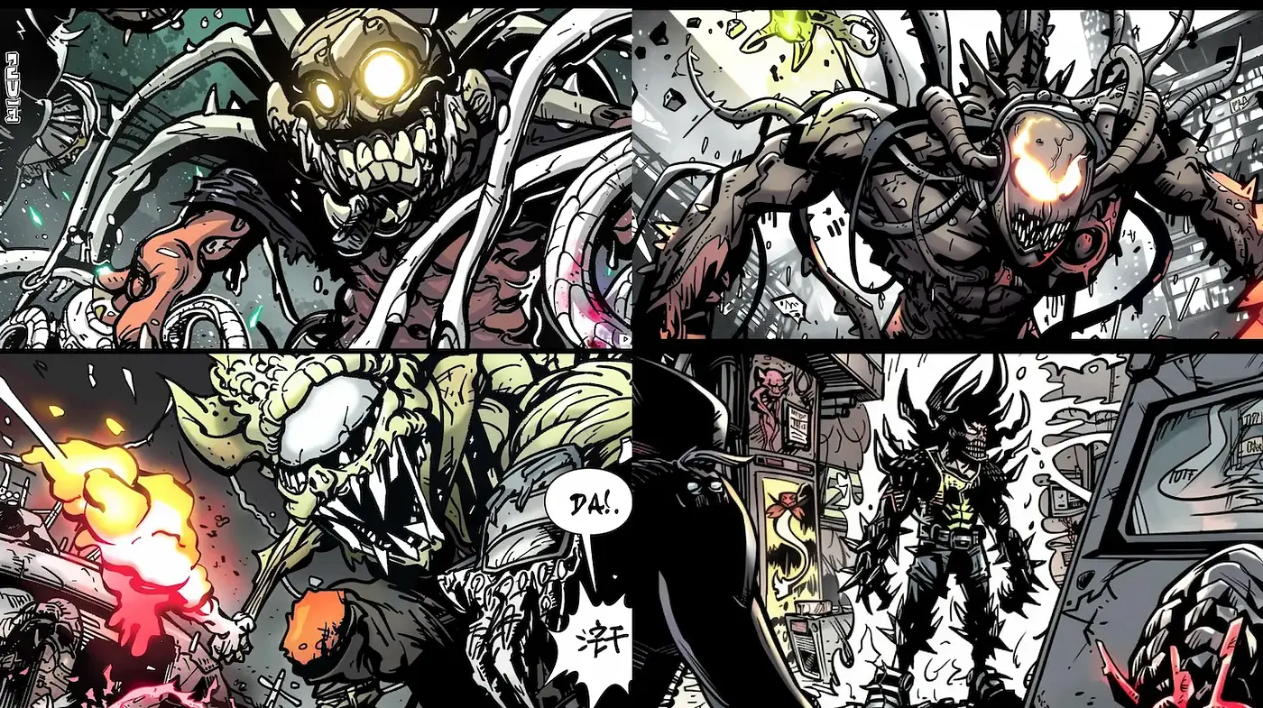 Dynamic and Chaotic Comic Style with Dark Undertones - Midjourney sref style