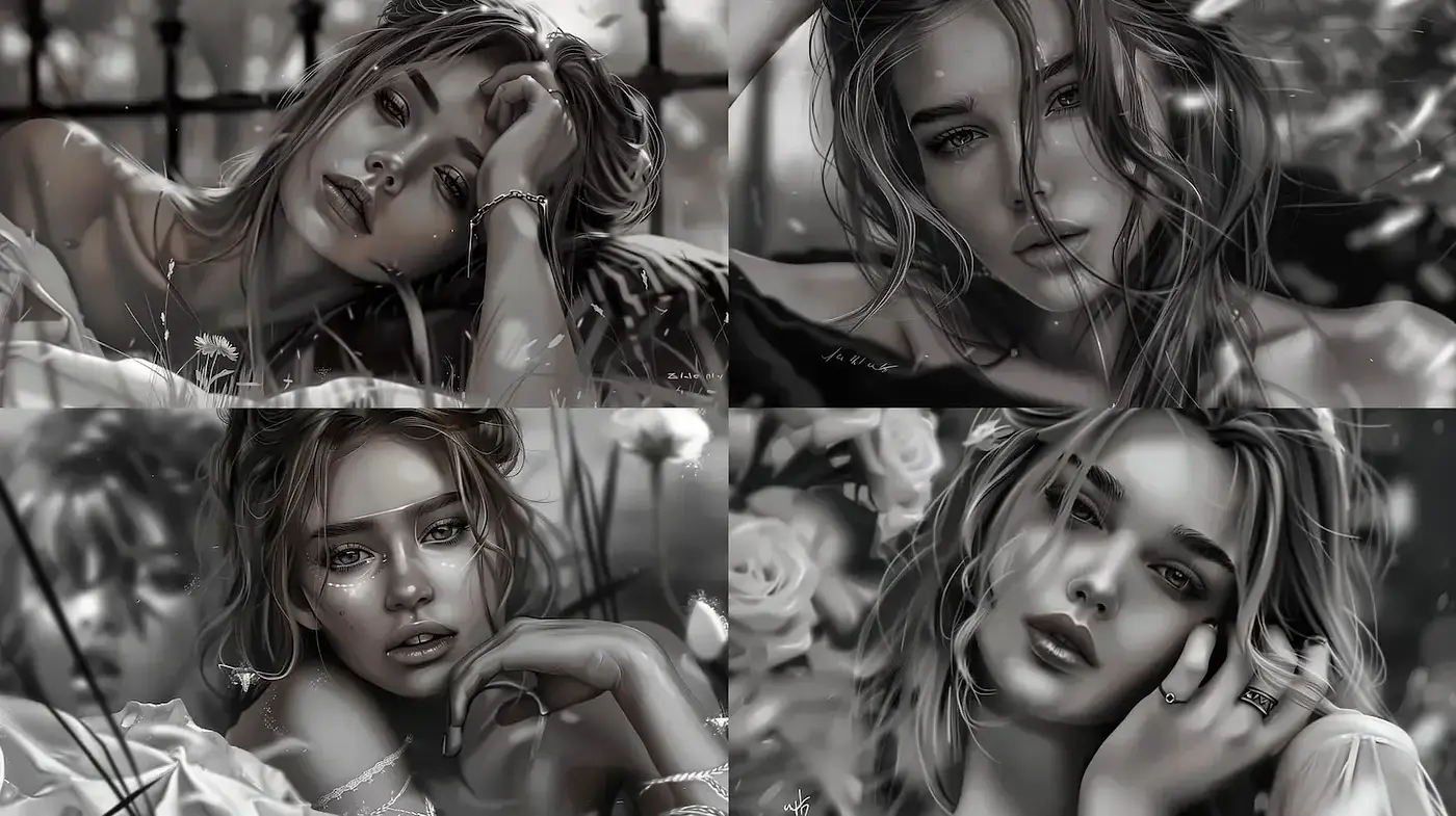 Elegantly Expressive Monochrome Portraiture with a Dreamy Aesthetic - Midjourney sref style