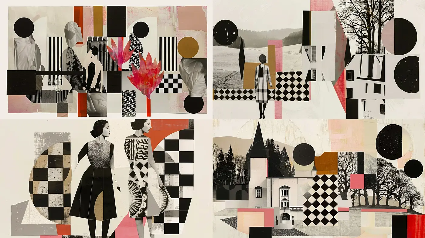 Abstract Geometric Collage with Monochrome and Crimson Accents - Midjourney sref style