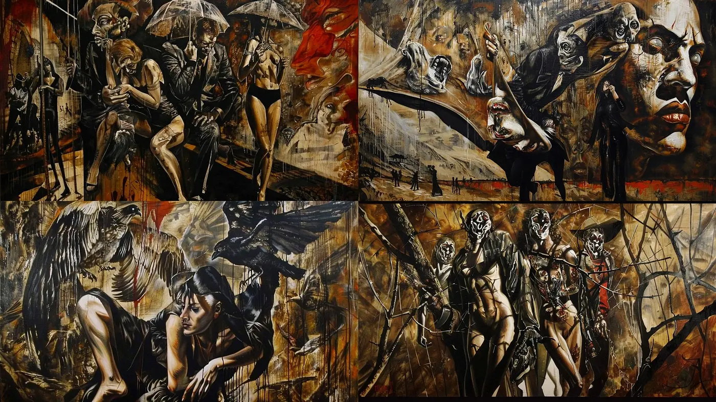 Dystopian Dreamscape: An Amalgamation of Surreal Imagery and Textured Realism - Midjourney sref style