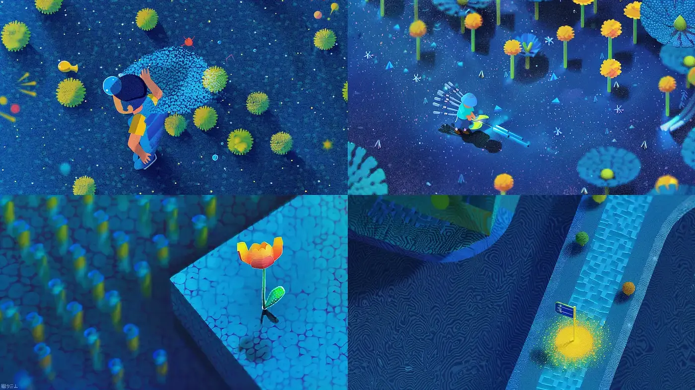 Surreal and Vibrant Fantasies in a Rich Blue Palette - Midjourney sref style
