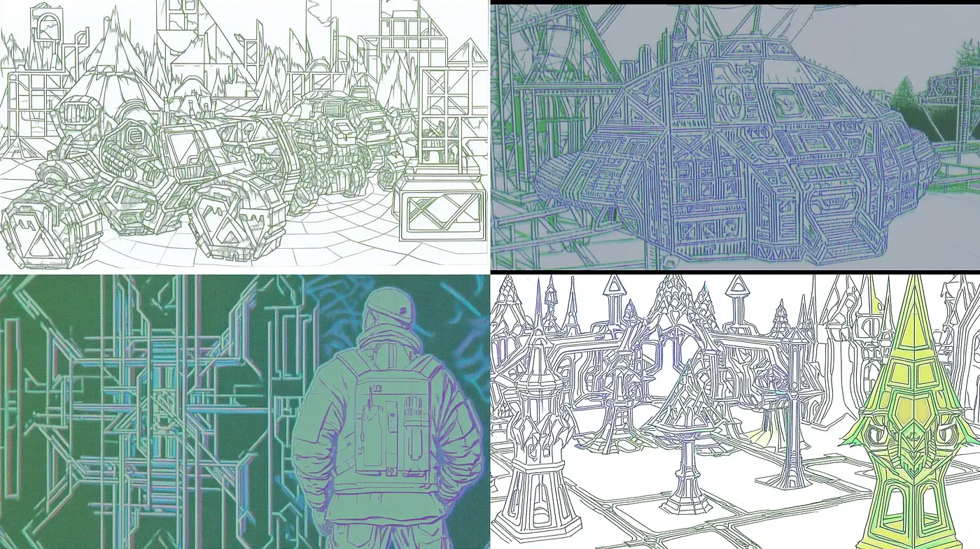 Contrasting Blueprints of Imaginative Constructs - Midjourney sref style