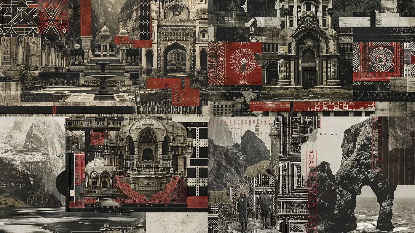 Collage of Time: An Evocative Blend of Historical Tapestry and Modern Graphic Design - Midjourney sref style