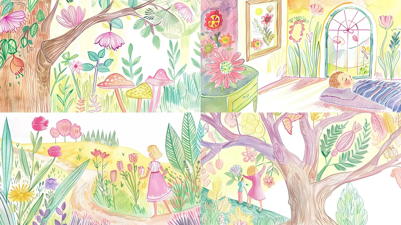 Whimsical Pastoral Dreamscapes in Vibrant Watercolors - Midjourney sref style