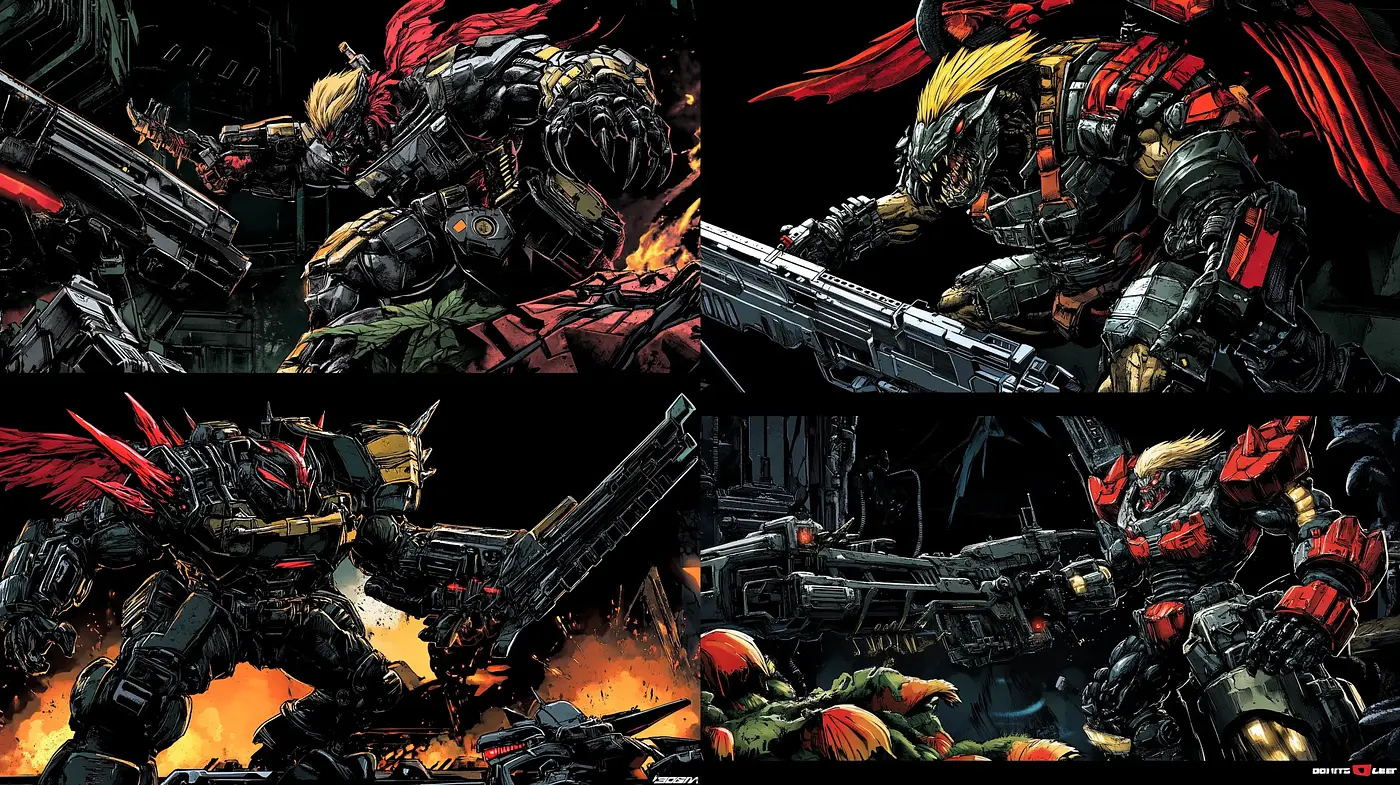 Dynamic Mecha Warfare: An Explosive Blend of Dark Tones and Fiery Accents - Midjourney sref style