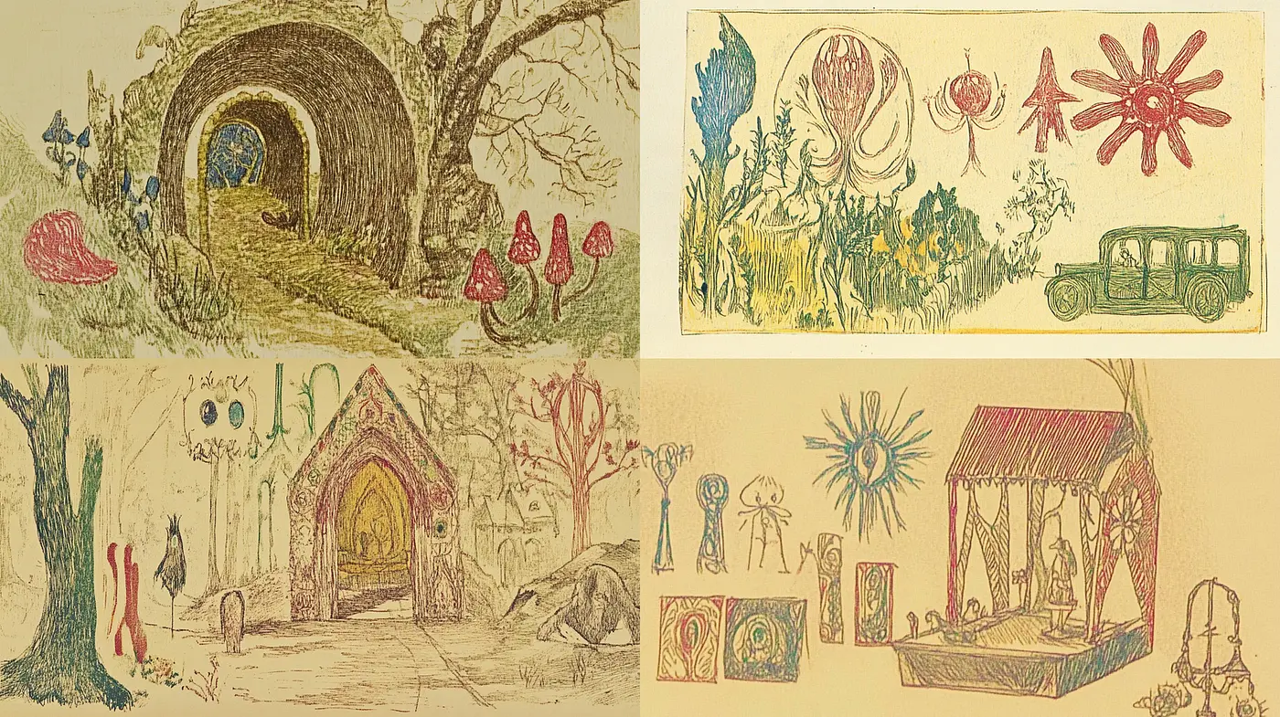Whimsical and Surreal Illustrations with a Hand-Drawn Quality - Midjourney sref style