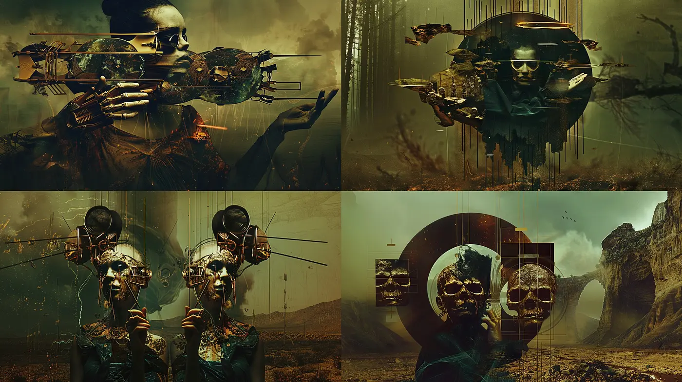 Ethereal Dystopian Echoes: A Harmonious Blend of Surrealism and Post-Apocalyptic Aesthetic - Midjourney sref style