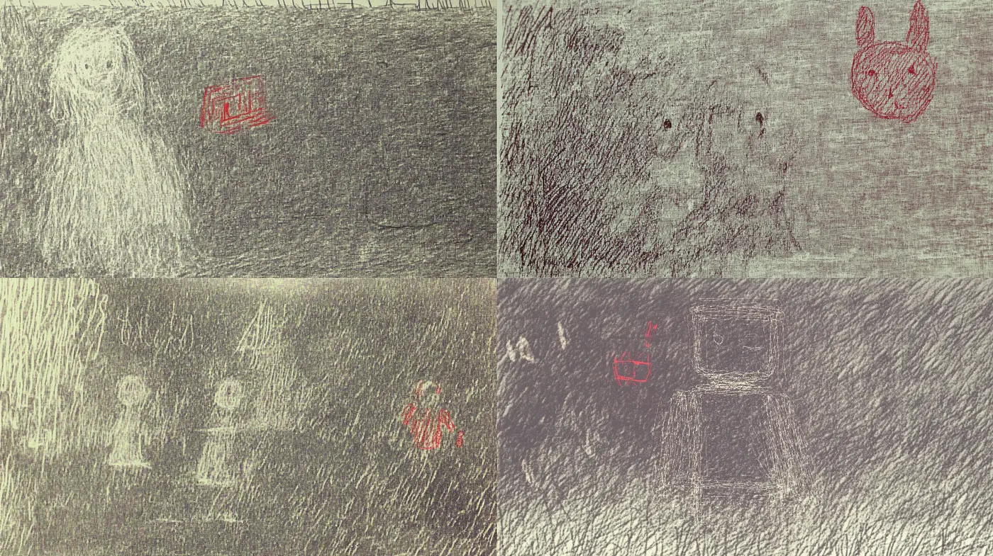 Textured Grayscale Renderings with Red Accents and Vintage Undertones - Midjourney sref style