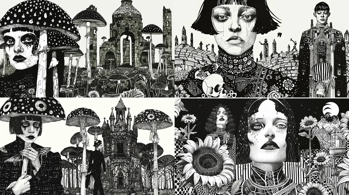 Monochromatic Gothic Fantasy with Surrealist Overtones - Midjourney sref style