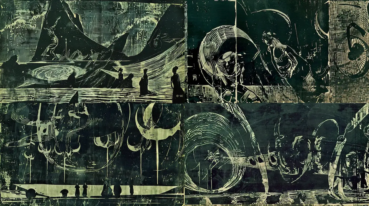 Mysterious, textured landscapes with dynamic silhouette forms - Midjourney sref style