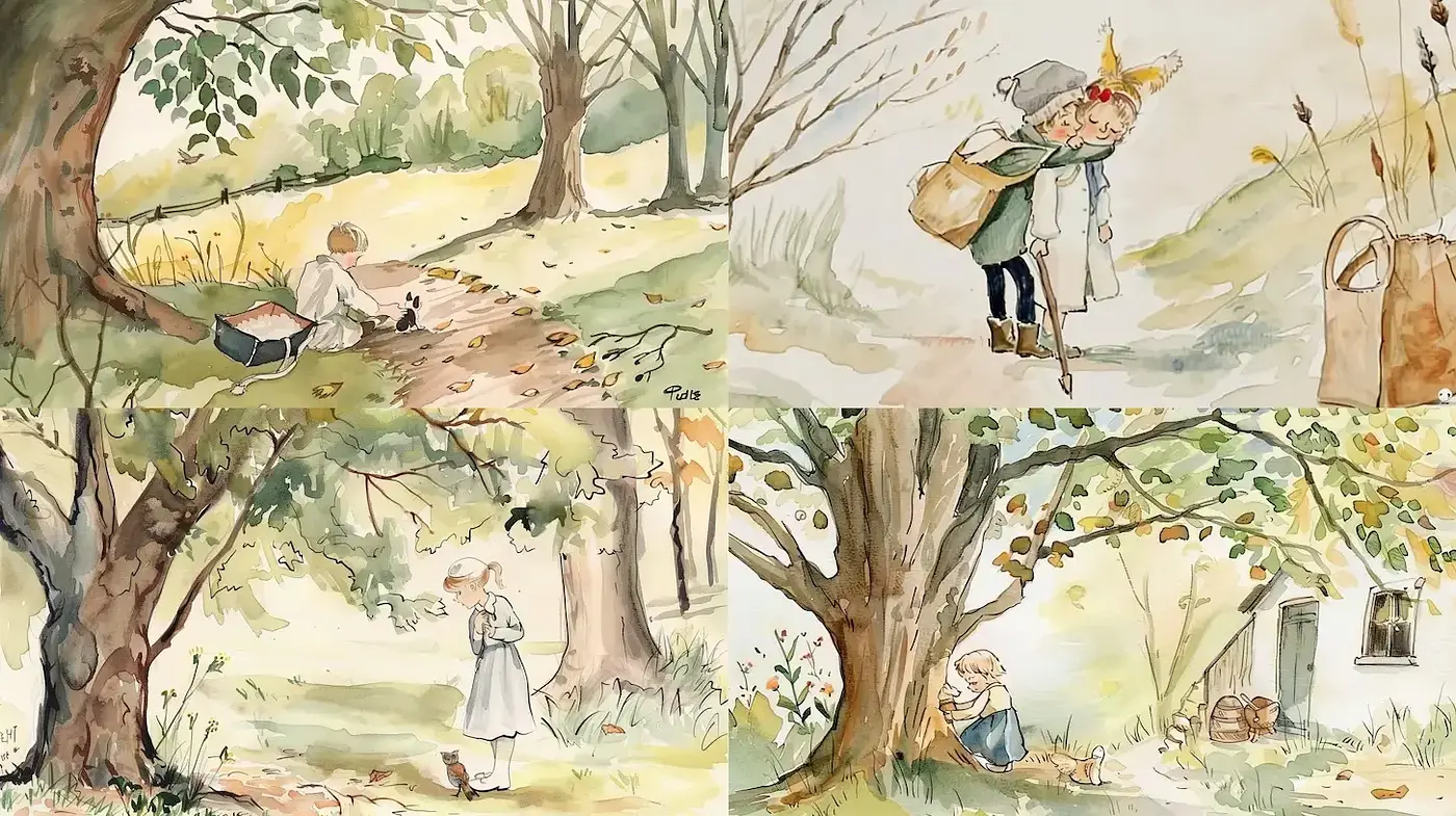Whimsical and Playful Watercolor Illustrations with Nature Themes - Midjourney sref style