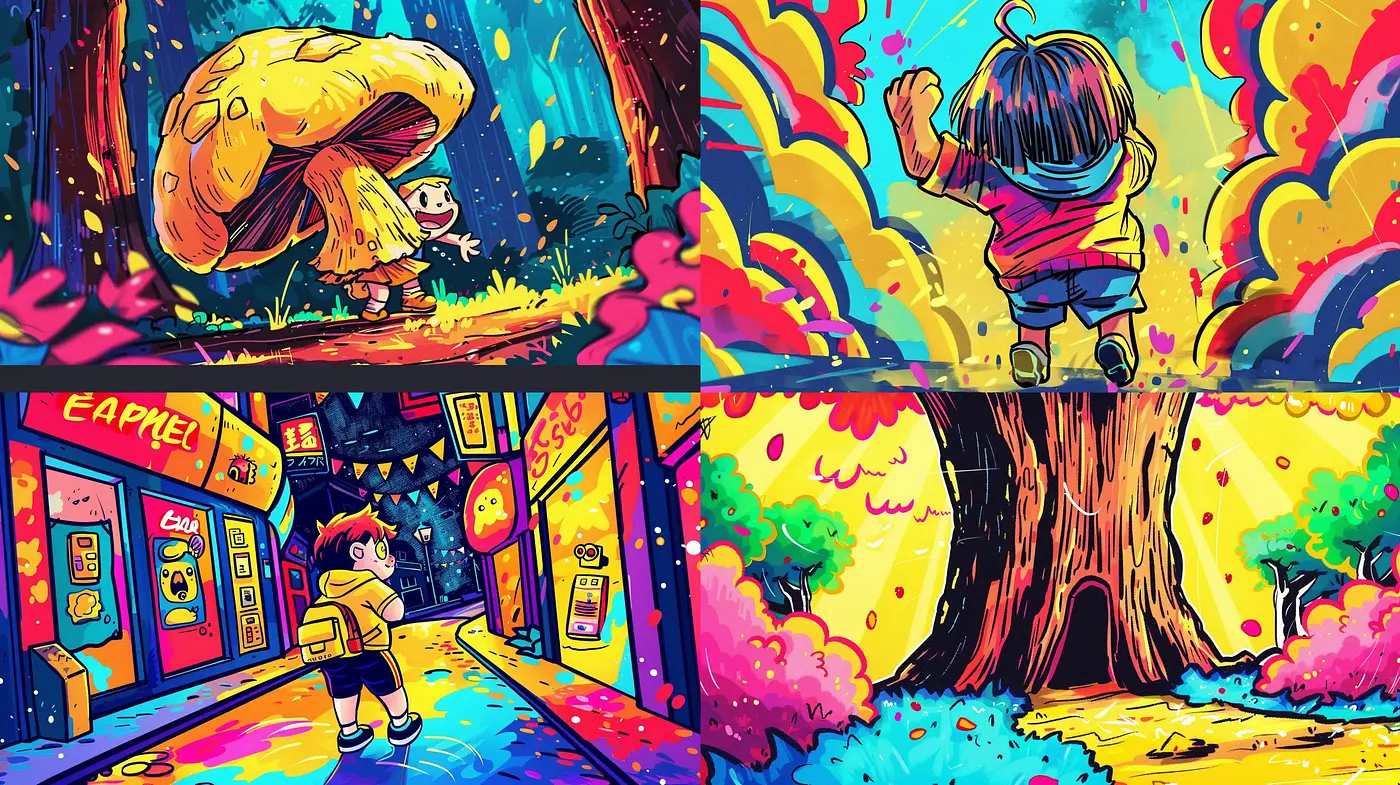 Vibrant Whimsy: A Fusion of Bold Comic Book Dynamism and Painterly Expression - Midjourney sref style