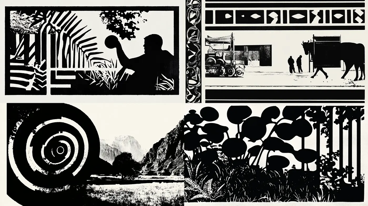 Monochromatic Narrative in Silhouette: Contrasting Visions of Pastoral and Urban Life - Midjourney sref style