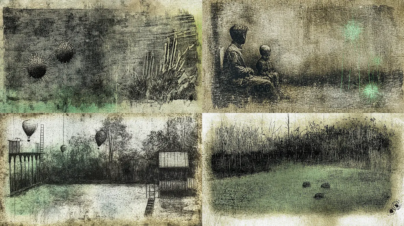 Ethereal Dreamscapes with Aged Monochromatic Essence - Midjourney sref style