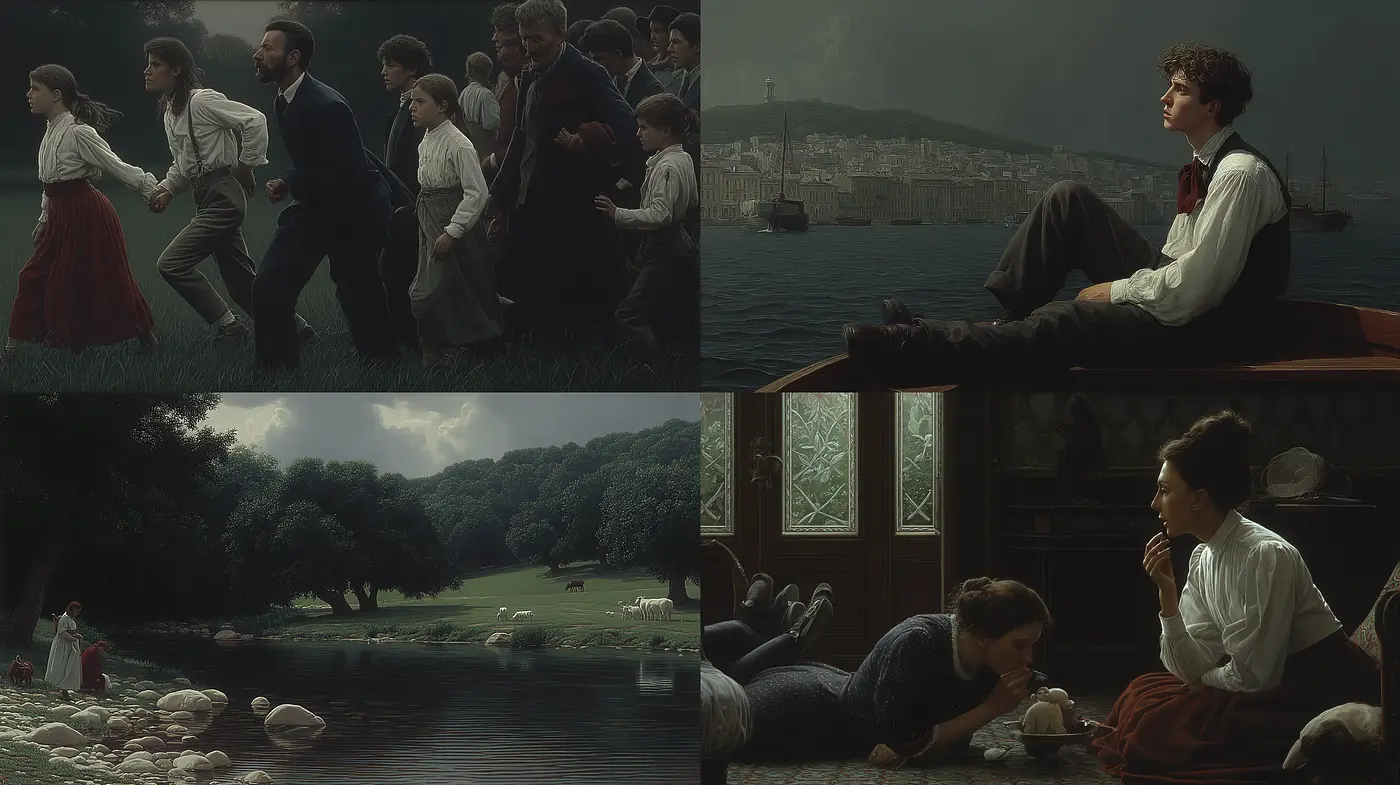 Cinematic Narrative with Romantic Realism and Historical Undertones - Midjourney sref style