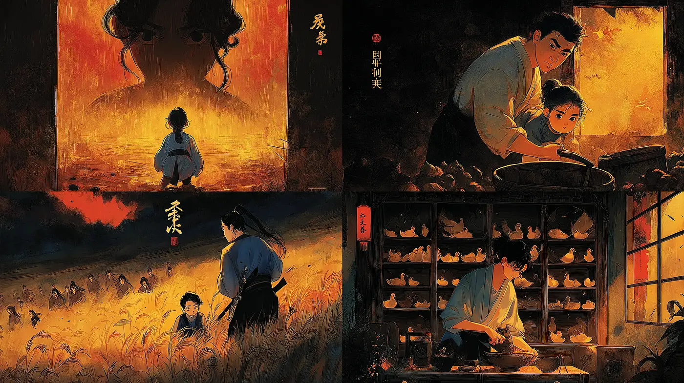 Richly Textured Illustrations with Poignant Emotional Depth Inspired by Eastern Aesthetics - Midjourney sref style