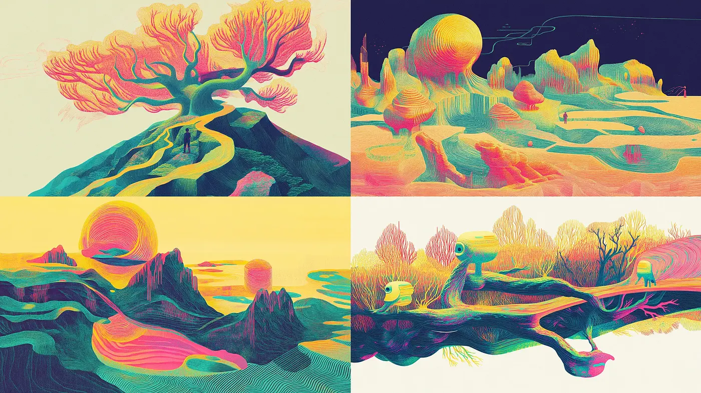 Psychedelic Dreamscapes: A Journey Through Surrealist Terrains - Midjourney sref style