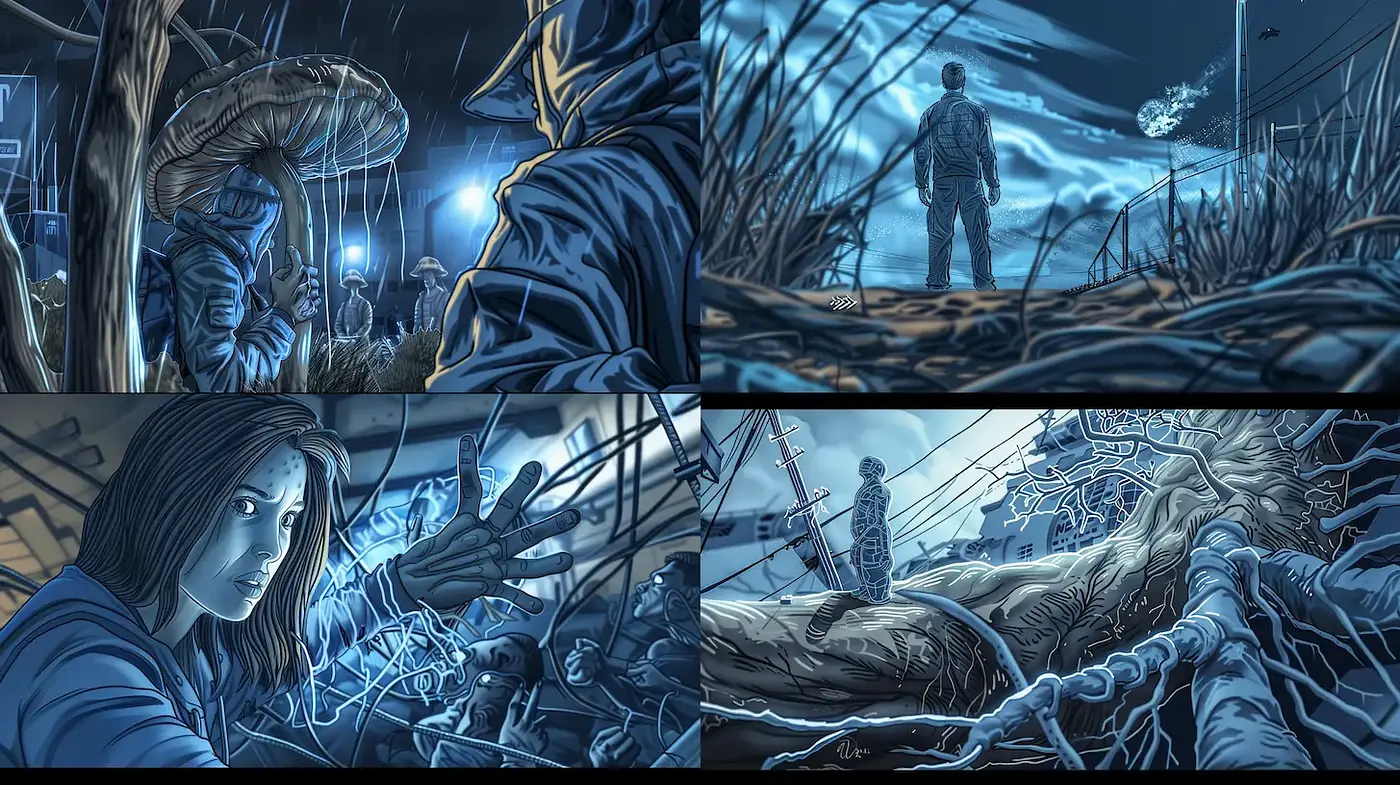 Mysterious and Atmospheric Comic-Style Illustration with Dark Undertones - Midjourney sref style