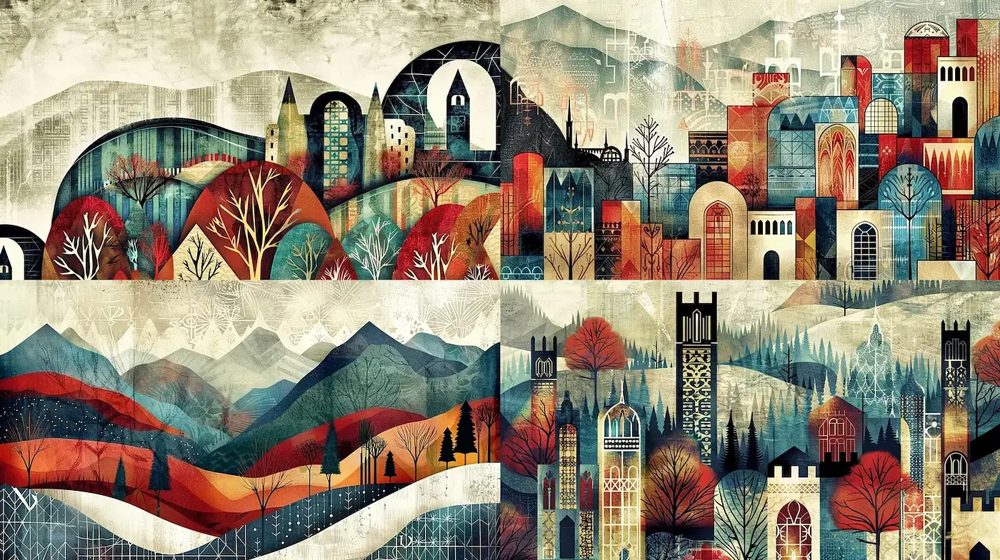 Vibrant Folk-Inspired Landscape Art with Geometric Patterns and Textures - Midjourney sref style