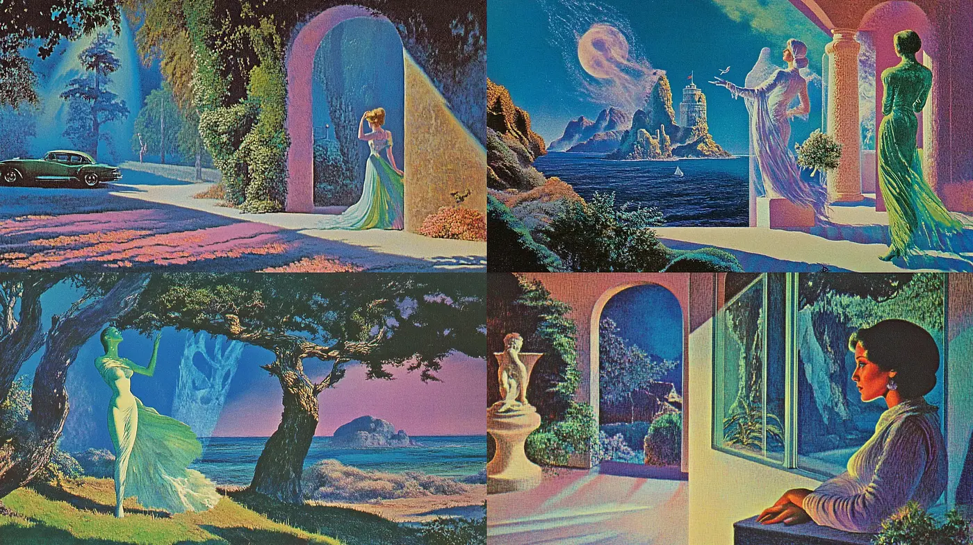 Ethereal Dreamscapes with Surrealist Overtones - Midjourney sref style
