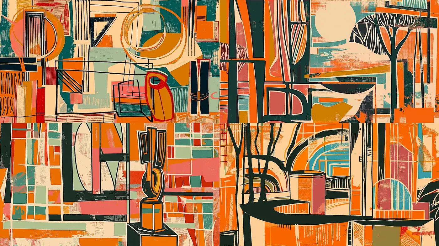 Vibrant abstract compositions influenced by mid-century modern aesthetics - Midjourney sref style