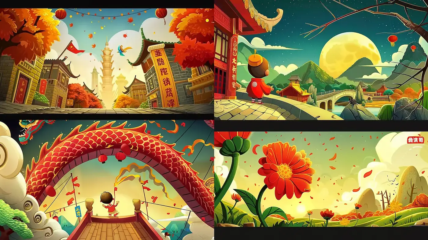 Vibrant and whimsical landscapes echoing traditional themes - Midjourney sref style