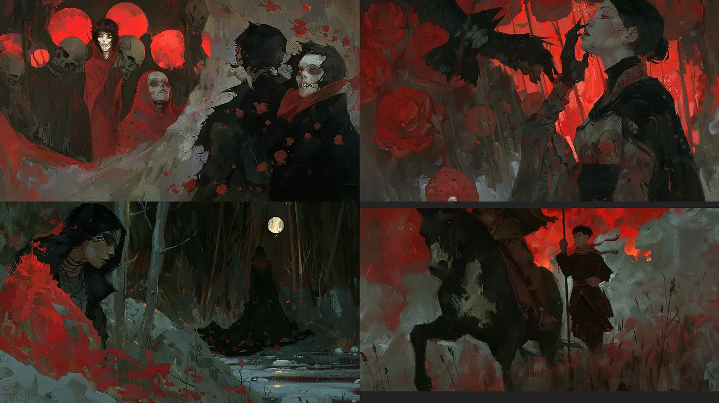 Ethereal Nocturnes: A Symphony of Shadow and Vermilion - Midjourney sref style