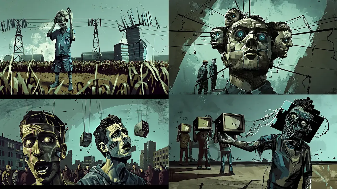 Darkly Satirical Dystopian Visual Style with a Grungy Edge - Midjourney sref style
