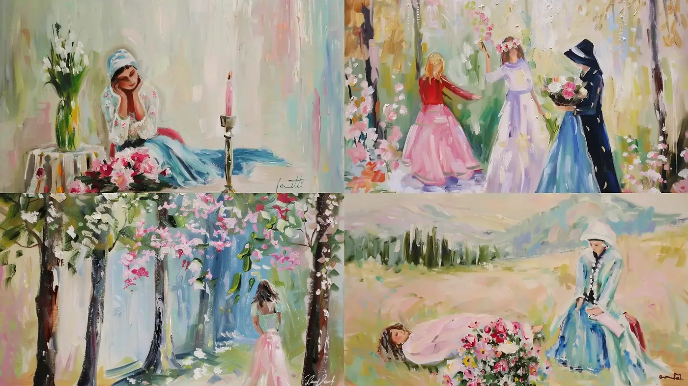 Impressionist Garden of Serenity: A Study in Pastel Hues and Expressive Brushstrokes - Midjourney sref style
