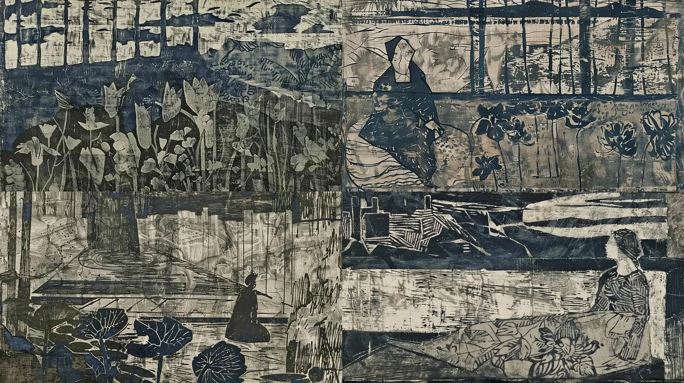 Serene Tapestry of Monochromatic Woodblock Dreamscapes - Midjourney sref style