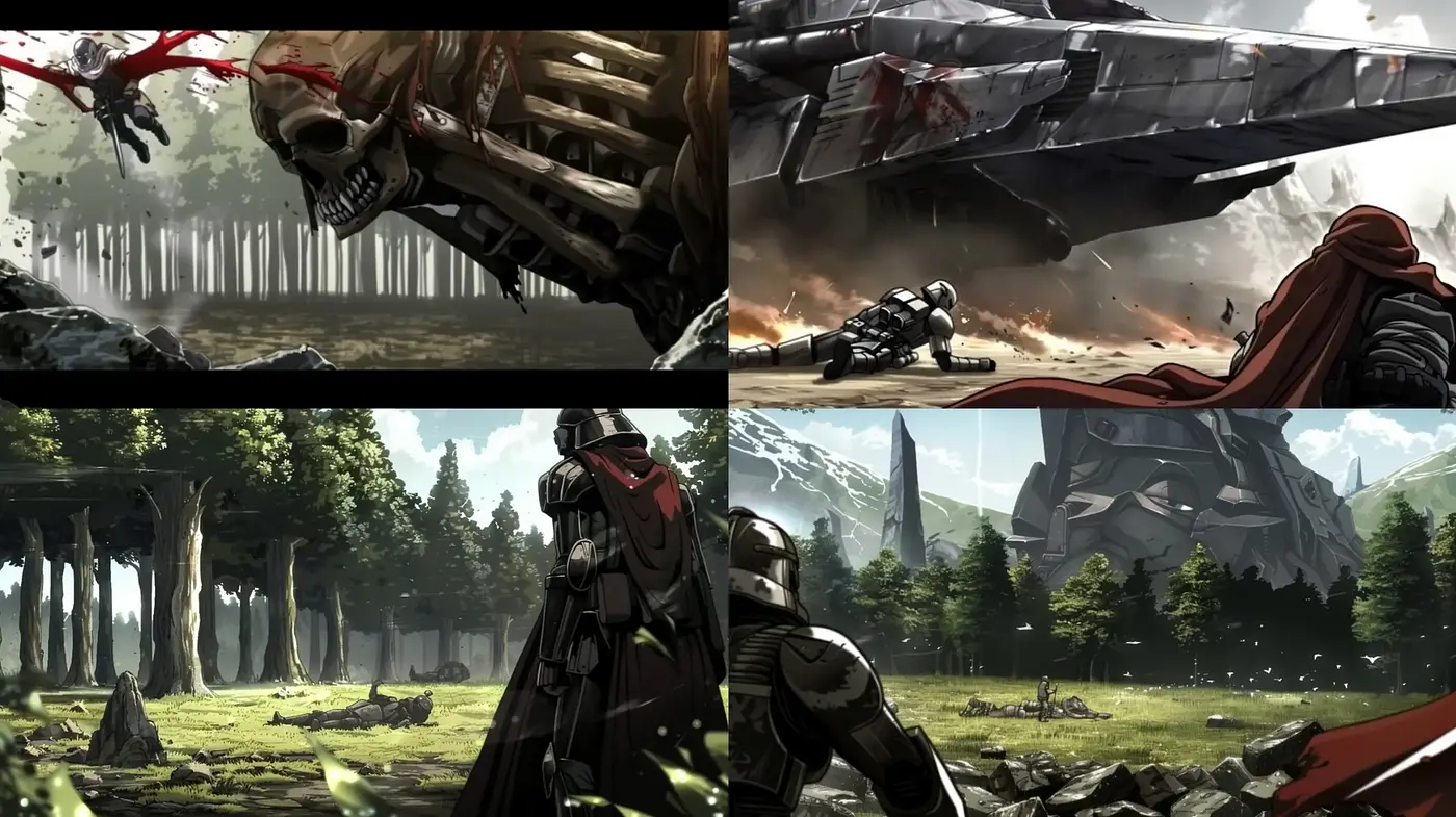 Cinematic Sci-Fi Battlefields: An Homage to Epic Anime Confrontations - Midjourney sref style
