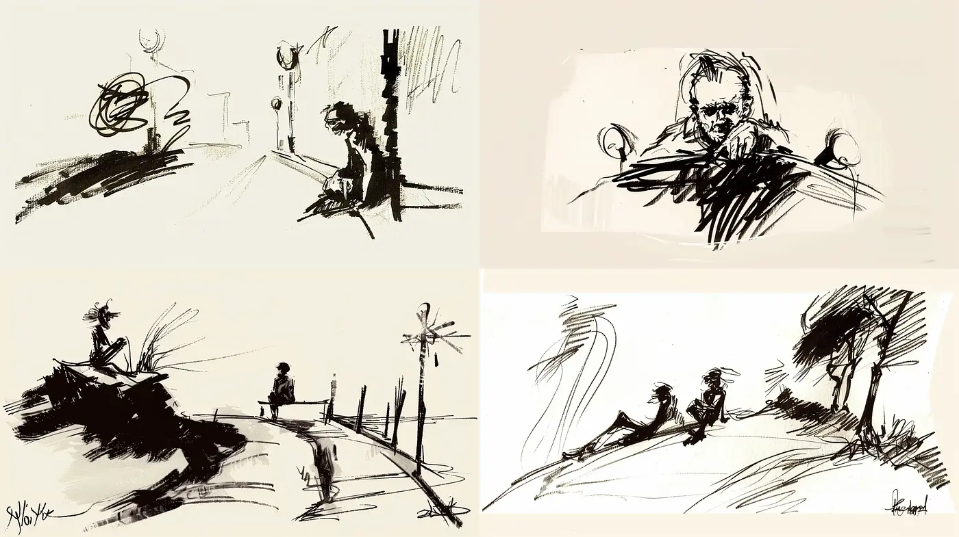 Expressive Ink Sketch Style with Monochromatic Simplicity - Midjourney sref style