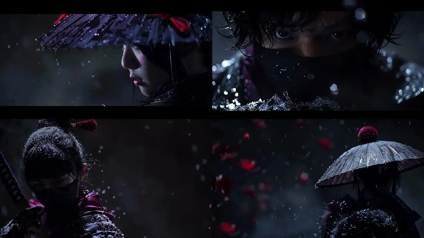 Cinematic Nocturnal Elegance with Rain-drenched Ambiance - Midjourney sref style