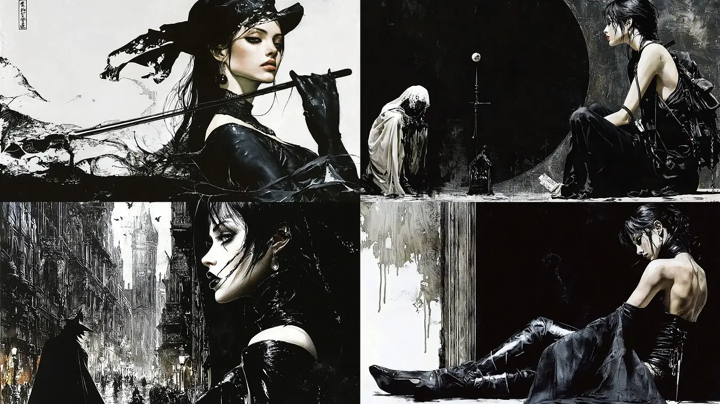 Monochromatic Elegance with a Stylized Noir Essence - Midjourney sref style