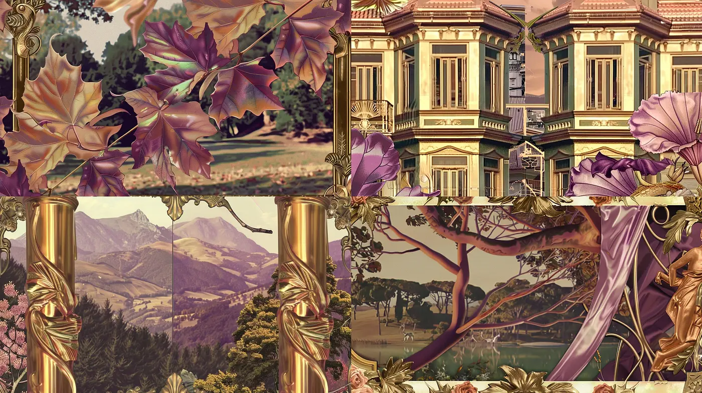 Golden Twilight Reverie: A Nostalgic Fusion of Elegance and Nature - Midjourney sref style