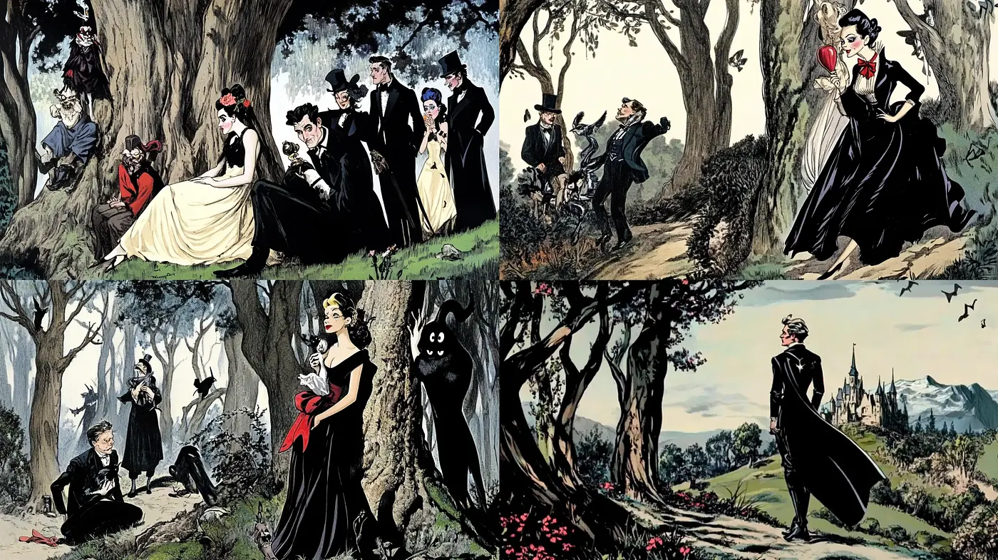Elegant Gothic Romance in Vintage Storybook Illustrations - Midjourney sref style