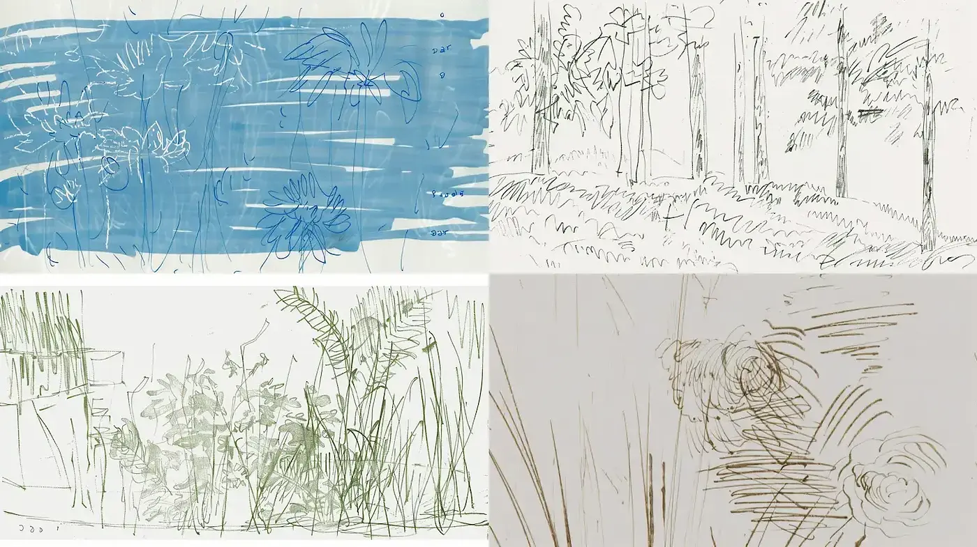 Lush Sketch Landscapes with Organic Textures and Subtle Color Variations - Midjourney sref style